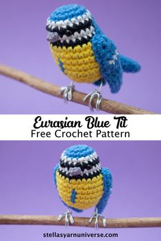 two crocheted birds sitting on top of a tree branch with the words european blue ti