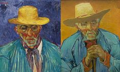 two paintings of men with hats and ties