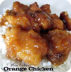 the orange chicken is on top of white rice