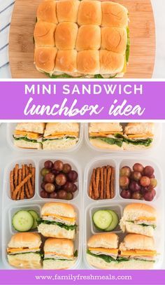 mini sandwich lunchbox idea with grapes, cucumbers and pretzels