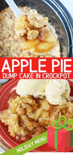 apple pie dump cake in crockpot with holiday gift box and text overlay