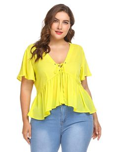 ROXANNE'S RUFFLE LACE-UP TOP - B ANN'S BOUTIQUE Plus Size Summer Fashion, Ladies Shirts, Women Shirt Top, Tropical Dress, Fashion To Figure, Fashion Bug, Top Shirt Women, Plus Size Beauty, Peplum Blouse