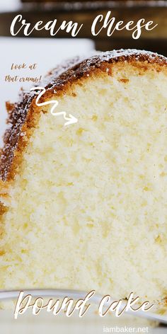 a piece of cake on a white plate with the words cream cheese written below it