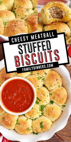 cheesy meatball stuffed biscuits on a platter with dipping sauce