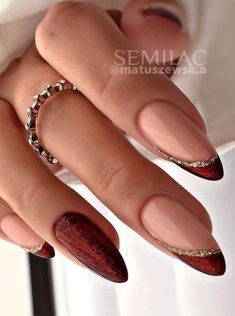 Vampy Nails, Maroon Nail Designs, Red And Gold Nails, Maroon Nails, Gold Nail, Burgundy Nails