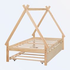 a wooden bed frame with an attached headboard and foot board is shown against a white background