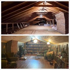 two pictures of an attic with bookshelves and couches in the middle one is empty