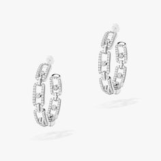 Messika Jewelry - Move Link 18K White Gold Diamond SM Hoop Earrings | Manfredi Jewels White Gold Diamond Earrings, Luxury Earrings, Gold Diamond Earrings, Silver Jewelry Fashion, Women Diamond, 925 Sterling Silver Chain, Diamond Hoop Earrings, Pure Silver, White Gold Diamonds