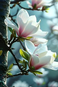 two white flowers are blooming on a tree