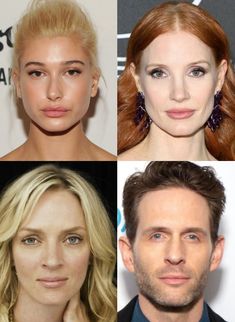 headshots of hailey bieber, jessica chastain, uma thurman, and glenn howerton, all the ethereal dramatic style type based on theories by kitchener Hailey Bieber, Ethereal Beauty, Body Style, Face Shapes, Essence, That Look