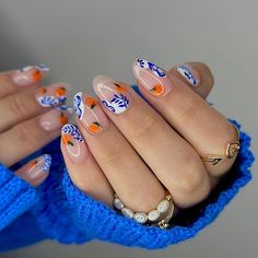 Easy Nails, Summery Nails, Her Nails, Blue Nail, Orange Nails, Short Acrylic Nails, Nail Arts, Nail Polishes, Artificial Nails