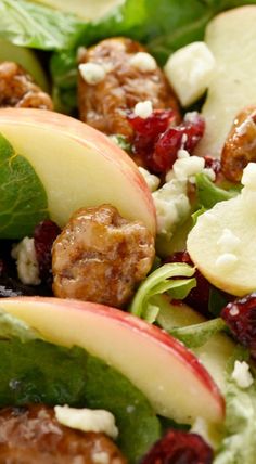 a salad with apples, cranberries and walnuts in it is ready to be eaten