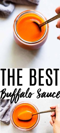 the best buffalo sauce is in two small bowls and being spooned out with a spoon