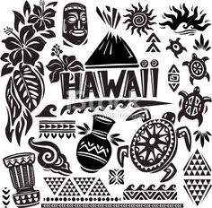 an image of the word hawaii surrounded by various symbols and designs in black and white