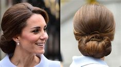 the queen of england's hair is shown in two different pictures, one with a bun