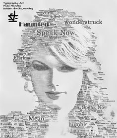 a woman's face with words written all over it, including the word speak now