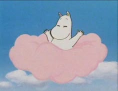 a cartoon character floating on top of a pink cloud