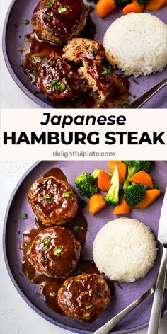 japanese hamburger steak on a plate with broccoli, carrots and white rice