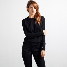 The Cashmere Crew Black – Everlane $120 Everyday Fine Knit Cashmere Tops, Chic Solid Cashmere Tops, Chic Cashmere Tops In Solid Color, Fitted Cashmere Top For Work, Fitted Sweater With Ribbed Cuffs For Everyday, Classic Stretch Cashmere Tops, Fitted Cashmere Tops For Fall, Fitted Cashmere Top, Chic Everyday Cashmere Tops