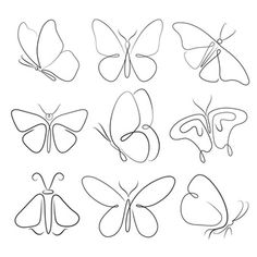 the outlines of different butterflies on a white background, each with one line drawing