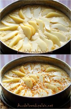 two pictures showing how to make an apple dessert