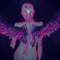 an image of a woman with wings on her body and eyes glowing in the dark