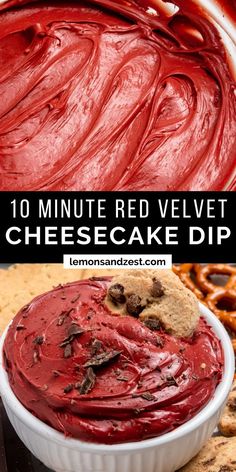 red velvet cheesecake dip in a white bowl