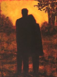 a painting of two people standing next to each other in front of an orange sky