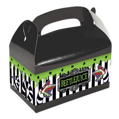 a black and white striped box with a green stripe on the bottom that says beetlejuice