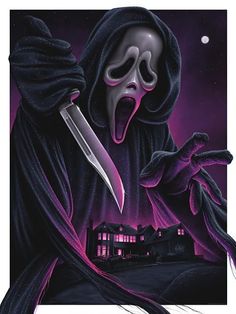 a scary ghost holding a knife in front of a creepy house with its mouth open