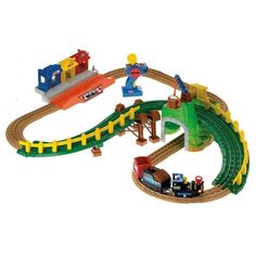 a toy train set with cars and tracks