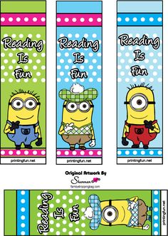 three bookmarks with cartoon characters on them, one is reading and the other is reading