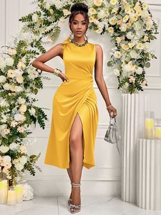 Women's Solid Minimalist Sleeveless Satin Dress, Casual Yellow Elegant  Sleeveless Satin Plain A Line Slight Stretch  Women Clothing, size features are:Bust: ,Length: ,Sleeve Length: Spring Sleeveless Plain Maxi Dress, Elegant Sleeveless Solid Color Maxi Dress, Sleeveless Solid Color Midi Evening Dress, Sleeveless Solid Color Midi Dress For Evening, Elegant Sleeveless Solid Maxi Dress, Sleeveless Evening Dresses In Solid Color, Solid Sheath Sleeveless Dress For Summer, Sleeveless Dresses For Evening, Elegant Stretch Sleeveless Dress Solid Color