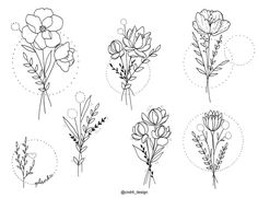 six different types of flowers are shown in black and white