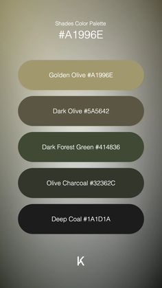 Shades Color Palette Golden Olive #A1996E · Dark Olive #5A5642 · Dark Forest Green #414836 · Olive Charcoal #32362C · Deep Coal #1A1D1A