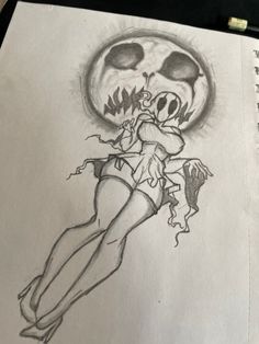 a pencil drawing of a girl with a skull on her head and an evil looking face