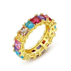 Material: Copper, Gold Plated, Cubic ZirconiaDesign: Baguette Square Crystal Eternity Band RingColor: White, Multicolor, Red, Pink, Yellow, Blue, Purple, Green, Silver, Yellow Gold Travel Inspired Jewelry, Pave Setting Ring, Rainbow Band, Color Rings, Men Party, Gold Color Ring, Rainbow Rings, Baguette Ring, Zircon Jewelry