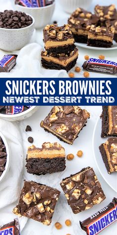 snickkers brownies with peanut butter on top and chocolate in the middle, surrounded by other desserts