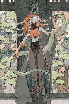 a woman standing in front of a tree holding a snake