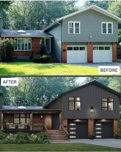 before and after photos of a house with garage doors painted dark gray, then the front door is white