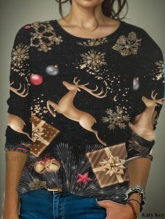 Katykey - Womens Plus Size Festive Christmas Casual T-shirt: Golden Deer & Snowflake Print Long Sleeve Crew Neck Top with Slight Stretch Golden Deer, Snowflake Print, Winter Collars, He Lives, Crew Neck Top, Casual T Shirt, Festive Christmas, Casual T Shirts, Collar Style