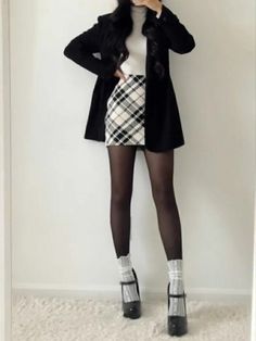 Dark academy style Outfits With Socks, Korean Mini Dress, Dress With Socks, Long Black Socks, Korean Birthday, Autumn Clothes, White Socks, Black Socks, Dressy Outfits