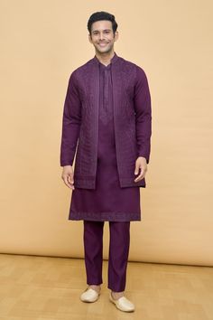 Wine longline Nehru jacket with tonal thread work and beaded embroidery. Comes with embroidered placket and bordered kurta and a pant. - Aza Fashions Purple Long Sleeve Traditional Wear With Embroidered Border, Fitted Bandhgala With Chikankari Embroidery For Fall, Eid Chikankari Embroidery Straight Kurta Outerwear, Eid Chikankari Embroidery Straight Kurta, Winter Nehru Jacket With Resham Embroidery, Ceremonial Chikankari Embroidery Kurta For Winter, Traditional Fall Bandhgala With Chikankari Embroidery, Traditional Long Sleeve Kurta With Tonal Embroidery, Designer Chikankari Embroidered Kurta For Fall