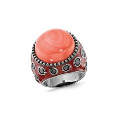 This impressive ring is crafted from black plated sterling silver covered in red enamel with a rich red bezel-set synthetic coral and bold black cubic zirconias along the side. This is unique, stylish and affordable ring. Red Enameled Sterling Silver With Synthetic Coral and Black Synthetic Cubic Zirconia (CZ)s Cocktail Ring with Cubic Zirconia (CZ)s (CZ) Size: 6.  Gender: female.  Age Group: adult. Affordable Ring, Red Gemstone Ring, Affordable Rings, Silver Theme, Jewelry Cleaning Solution, Red Gemstones, Signature Jewelry, Black Plates, Bold Black