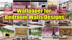 wallpaper for bedroom walls designs with pink flowers and trees in the center, along with pictures of living room furniture