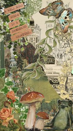 an altered collage with mushrooms and flowers