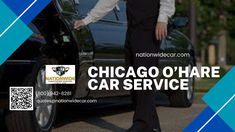 a man standing next to a black car with the chicago hare car service logo on it