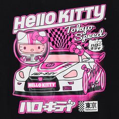 a black shirt with pink graphics on the front and back of it, featuring a hello kitty car