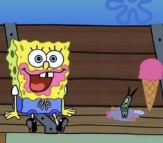 spongebob is sitting on a bench with an ice cream cone in the background