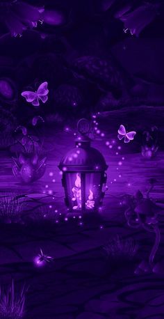 a purple background with butterflies and a lantern in the foreground that is lit up at night